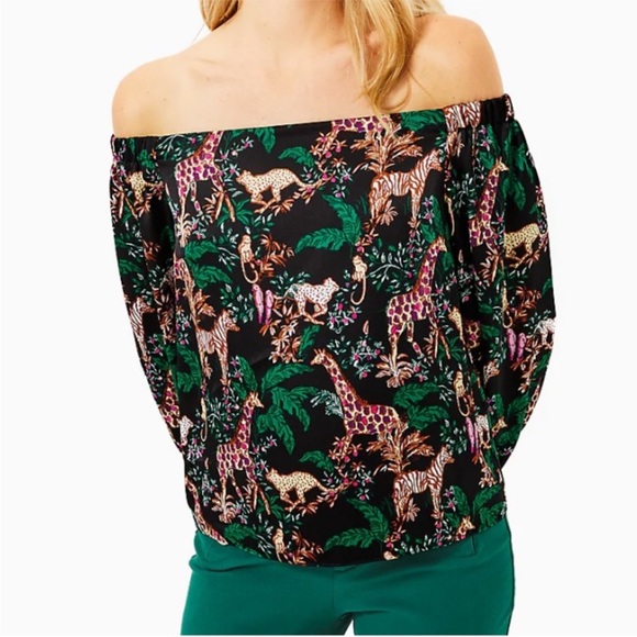 Lilly Pulitzer Black and Pink Off-the-Shoulder Blouse - Picture 1 of 6